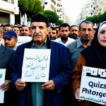 **

"A group of Algerian citizens, diverse in age and background, gathered in a peaceful demonstration in Algiers, expressing their demands for political and economic reform, fully clothed in modest attire, holding signs with slogans in Arabic, in the background, the cityscape of Algiers, safe for work, appropriate content, perfect anatomy, natural proportions, professional photography, high quality, family-friendly."

**