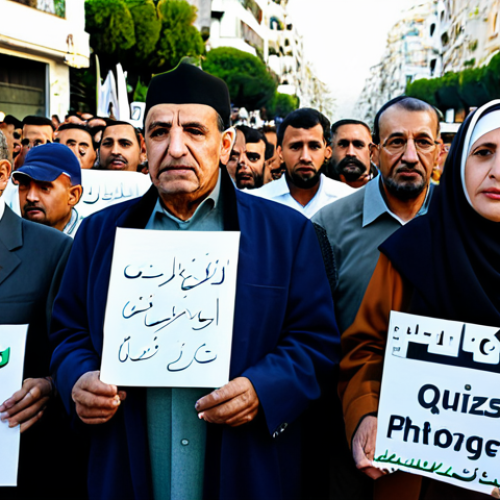 **

"A group of Algerian citizens, diverse in age and background, gathered in a peaceful demonstration in Algiers, expressing their demands for political and economic reform, fully clothed in modest attire, holding signs with slogans in Arabic, in the background, the cityscape of Algiers, safe for work, appropriate content, perfect anatomy, natural proportions, professional photography, high quality, family-friendly."

**