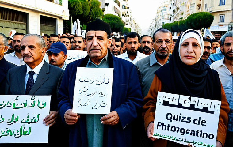 **

"A group of Algerian citizens, diverse in age and background, gathered in a peaceful demonstration in Algiers, expressing their demands for political and economic reform, fully clothed in modest attire, holding signs with slogans in Arabic, in the background, the cityscape of Algiers, safe for work, appropriate content, perfect anatomy, natural proportions, professional photography, high quality, family-friendly."

**