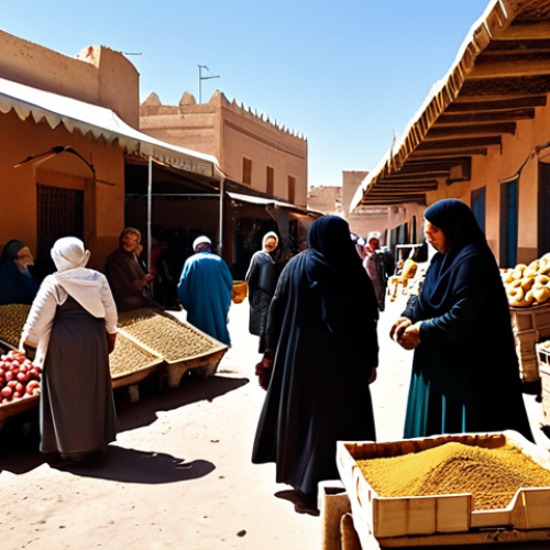 Home 6 Timimoun Oasis Market**
"A bustling marketplace scene in the Timimoun oasis, Algeria. Berber women in modest, traditional clothing are selling dates, spices, and handcrafted goods. Adobe buildings in the background. Warm, sunny lighting. Safe for work, appropriate content, fully clothed, family-friendly. Perfect anatomy, correct proportions, natural pose, well-formed hands, proper finger count, natural body proportions, professional."
**