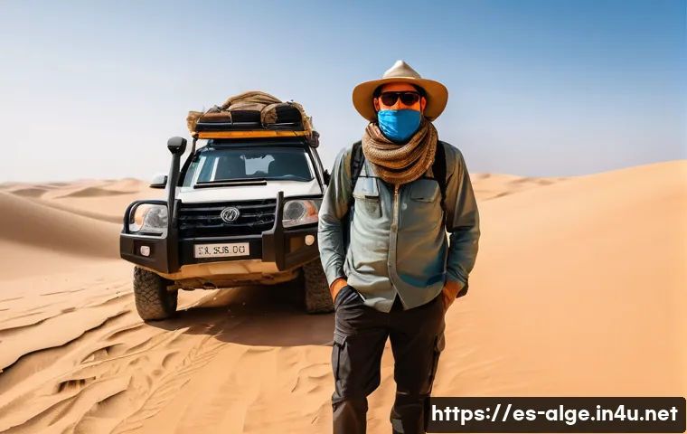 알제리 사하라 여행 시 위험 요소 - A rugged desert explorer wearing lightweight, breathable clothing suitable for extreme temperatures—...