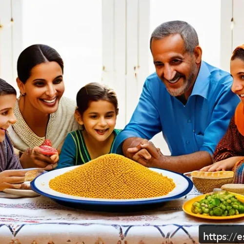 알제리 전통 음식 - A vibrant Algerian family dining scene featuring a large traditional couscous dish at the center of ...