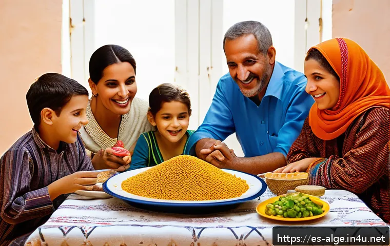 알제리 전통 음식 - A vibrant Algerian family dining scene featuring a large traditional couscous dish at the center of ...