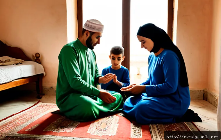알제리 이슬람교 신앙 생활 - Photorealistic Algerian Muslim family preparing for dawn prayer in a bright, modest home in Algiers,...