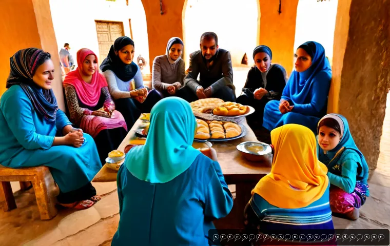 알제리 다문화 공존 방식 - Photorealistic community gathering in an Algerian courtyard, Arab, Amazigh, and African neighbors of...